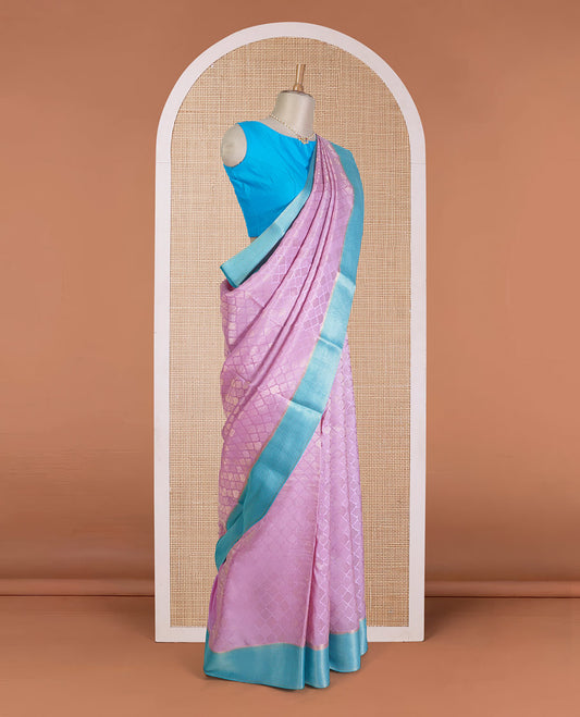 Pink jaal jacquard Mysore silk saree, contrast zari border, and pallu of chevron designs