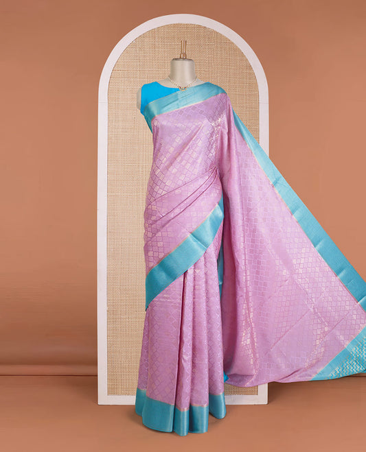Pink jaal jacquard Mysore silk saree, contrast zari border, and pallu of chevron designs