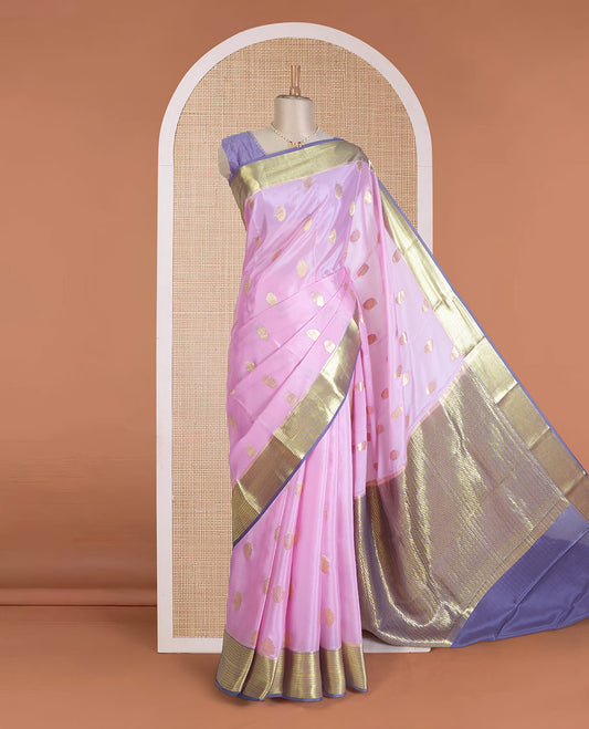 Pink zari buttas Mysore silk saree, contrast traditional zari border, and pallu of chevron designs