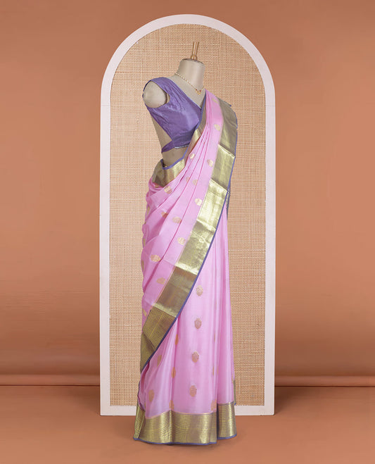 Pink zari buttas Mysore silk saree, contrast traditional zari border, and pallu of chevron designs