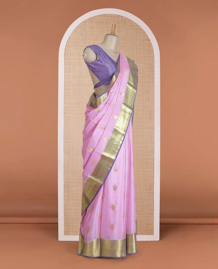 Pink zari buttas Mysore silk saree, contrast traditional zari border, and pallu of chevron designs