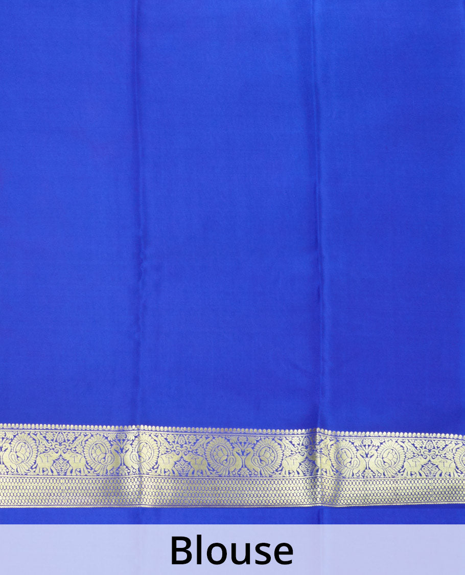 Blue peacock zari buttas Mysore silk saree, contrast traditional peacock border, and pallu steeped with peacock motifs