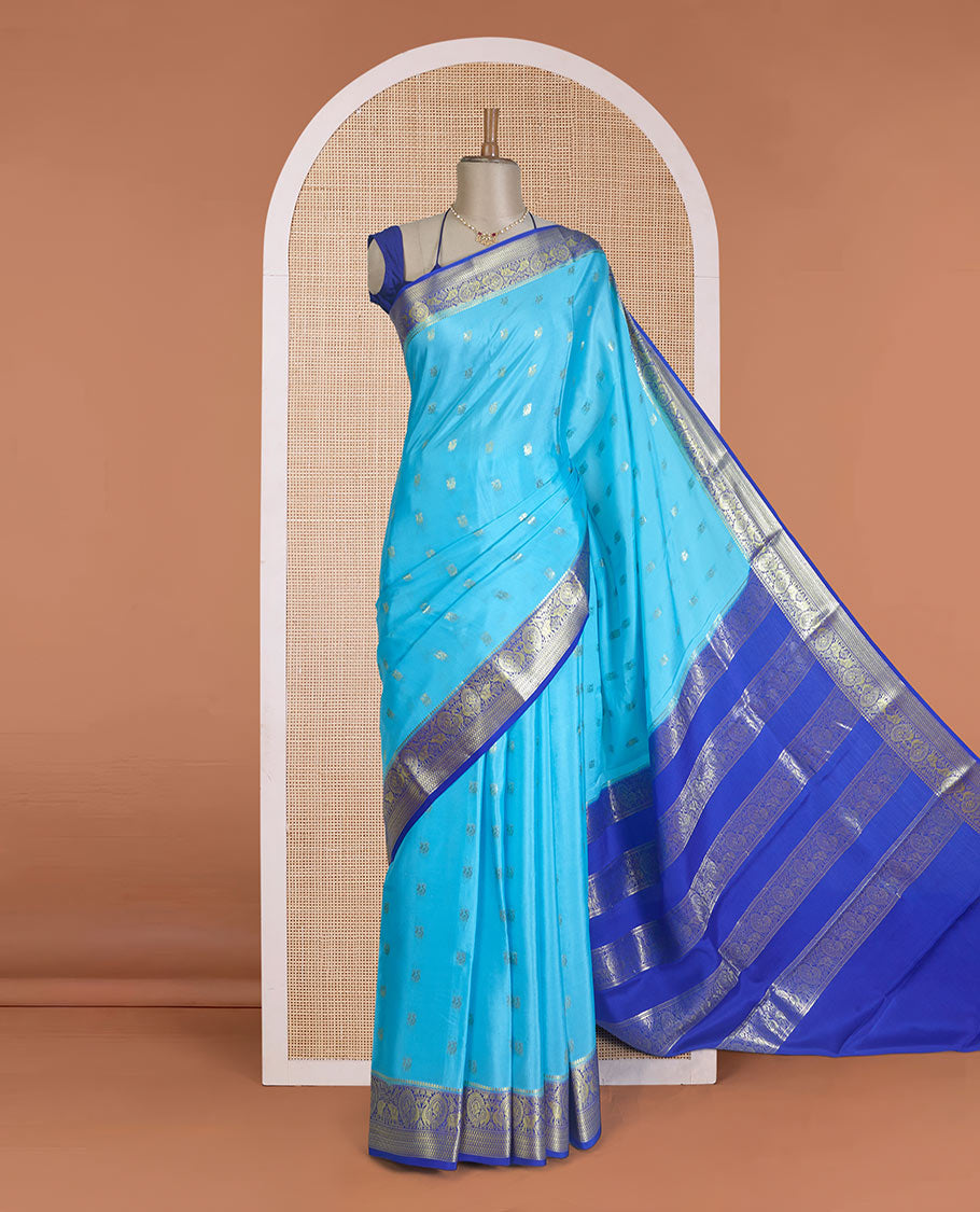 Blue peacock zari buttas Mysore silk saree, contrast traditional peacock border, and pallu steeped with peacock motifs