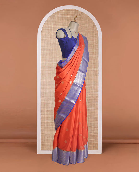 Orange zari buttas Mysore silk saree, contrast traditional zari border, and pallu of ogee patterns