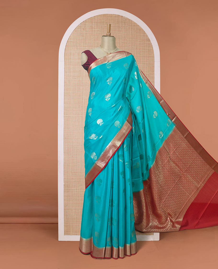 Blue floral zari buttas Mysore silk saree, contrast traditional zari border, and pallu of jaal pattern