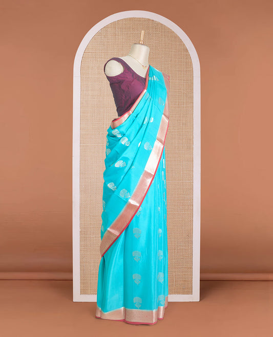 Blue floral zari buttas Mysore silk saree, contrast traditional zari border, and pallu of jaal pattern