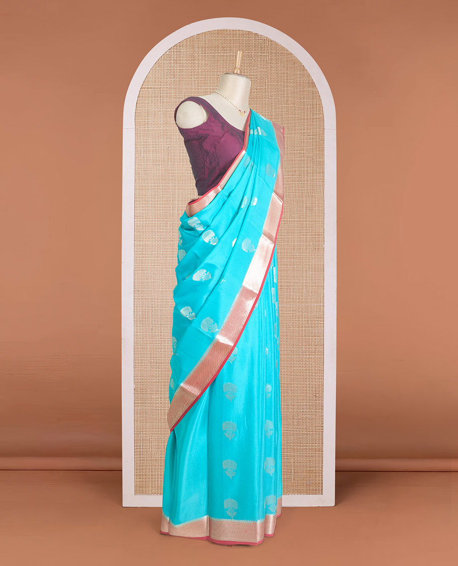 Blue floral zari buttas Mysore silk saree, contrast traditional zari border, and pallu of jaal pattern