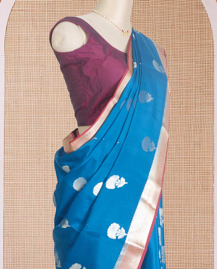 Blue floral zari buttas Mysore silk saree, contrast maroon traditional zari border, and pallu of jaal pattern