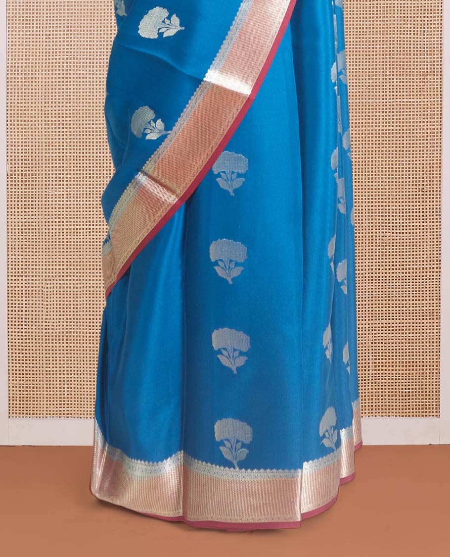 Blue floral zari buttas Mysore silk saree, contrast maroon traditional zari border, and pallu of jaal pattern