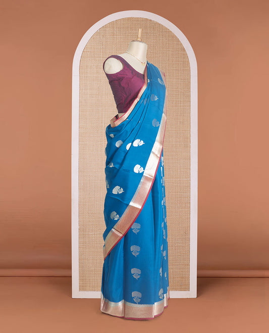 Blue floral zari buttas Mysore silk saree, contrast maroon traditional zari border, and pallu of jaal pattern