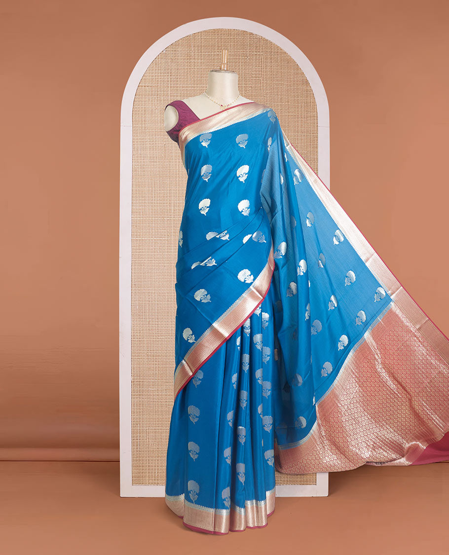 Blue floral zari buttas Mysore silk saree, contrast maroon traditional zari border, and pallu of jaal pattern