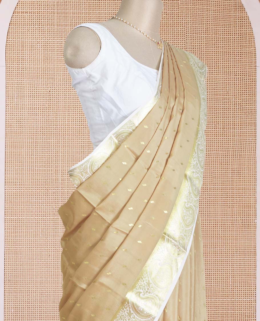 Sandal zari buttas Mysore silk saree, contrast paisley design zari border, and zari design pallu