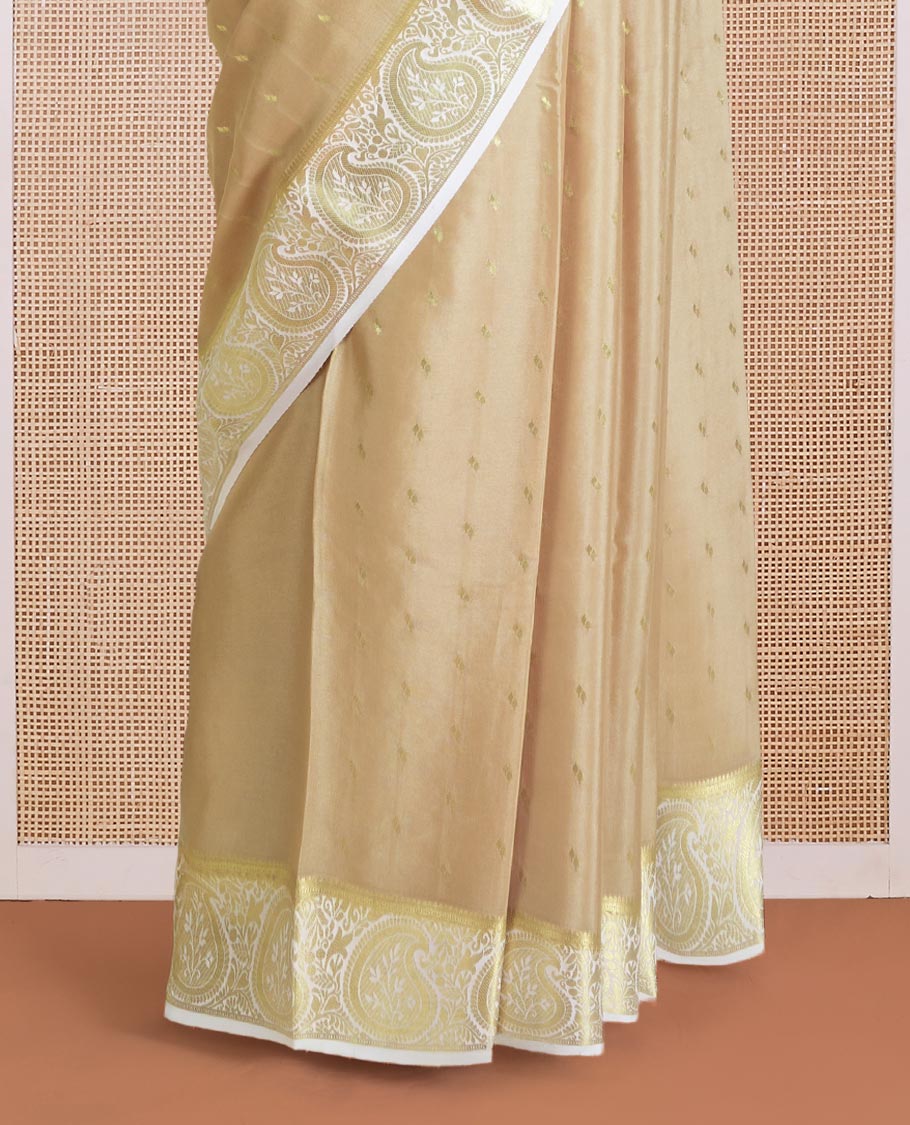 Sandal zari buttas Mysore silk saree, contrast paisley design zari border, and zari design pallu