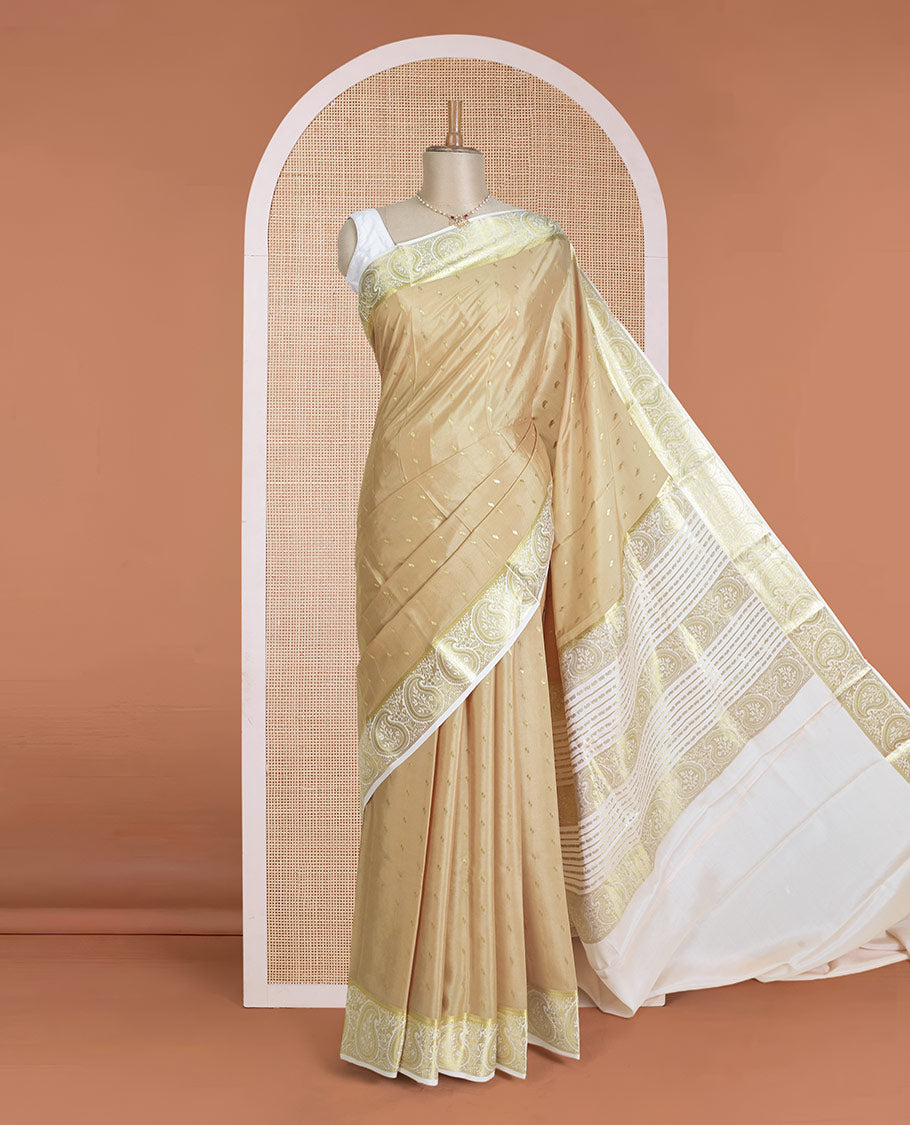Sandal zari buttas Mysore silk saree, contrast paisley design zari border, and zari design pallu