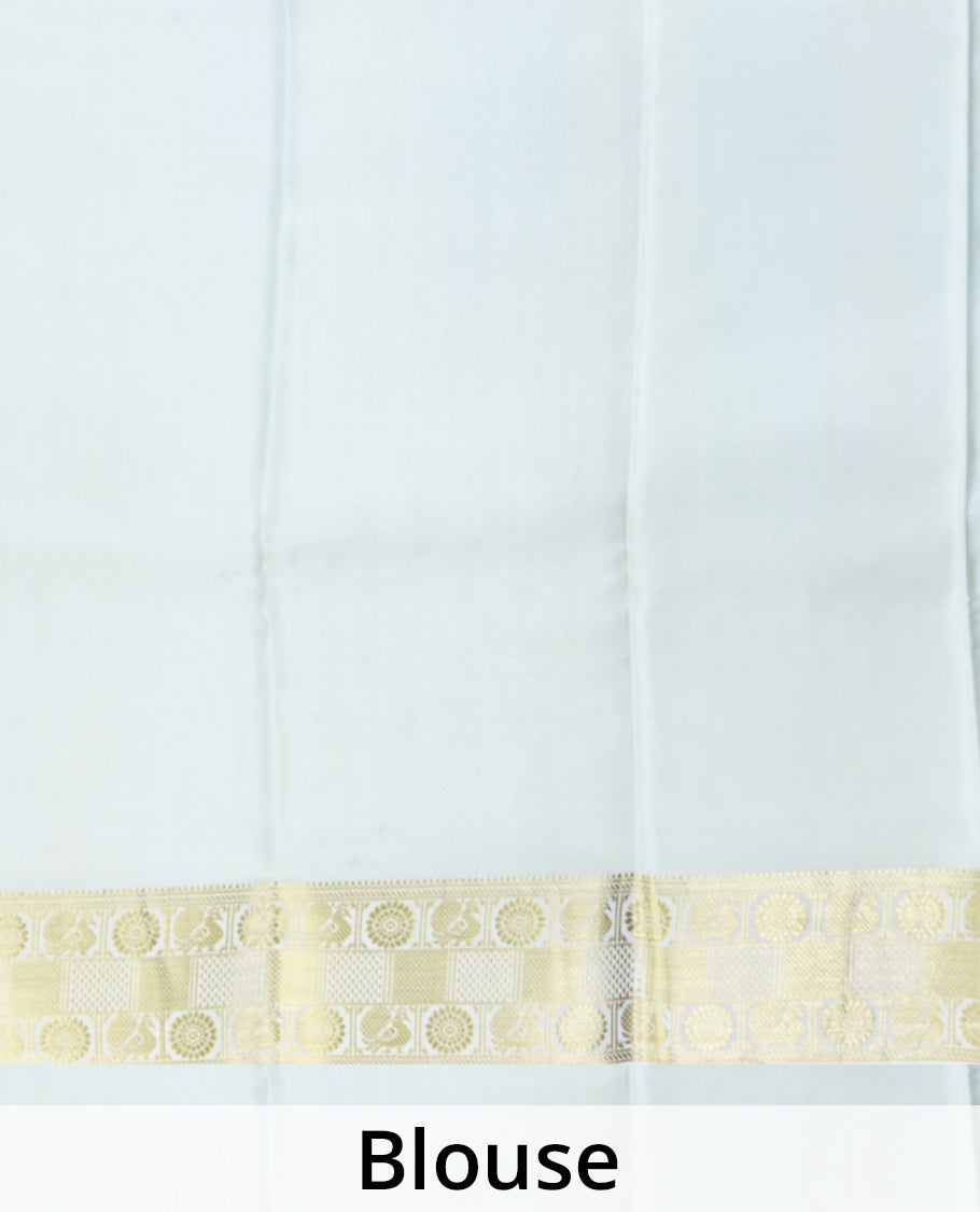 Turquoise zari buttas Mysore silk saree, contrast peacock and chakram zari border, and pallu steeped with traditional zari designs