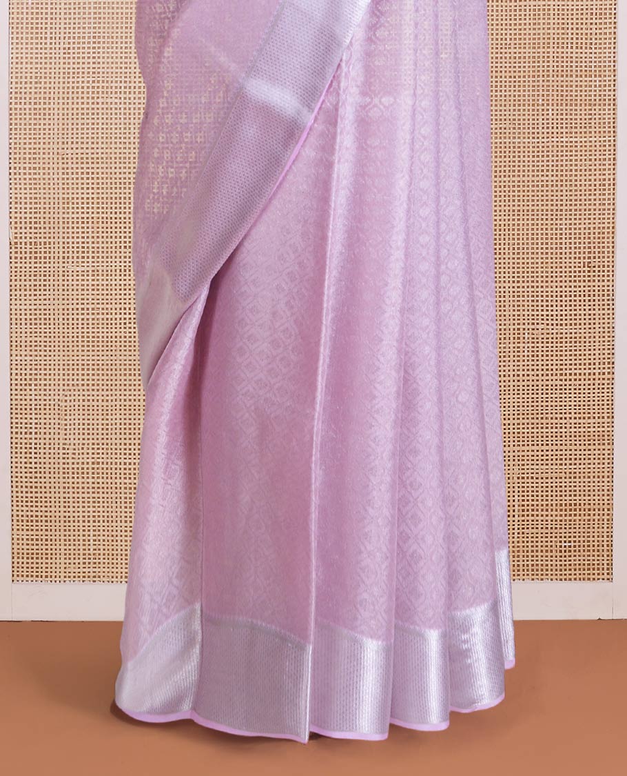 Pale lavender jacquard Mysore silk saree, traditional zari border, and jaal pallu