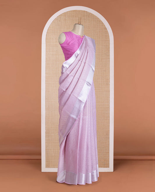 Pale lavender jacquard Mysore silk saree, traditional zari border, and jaal pallu