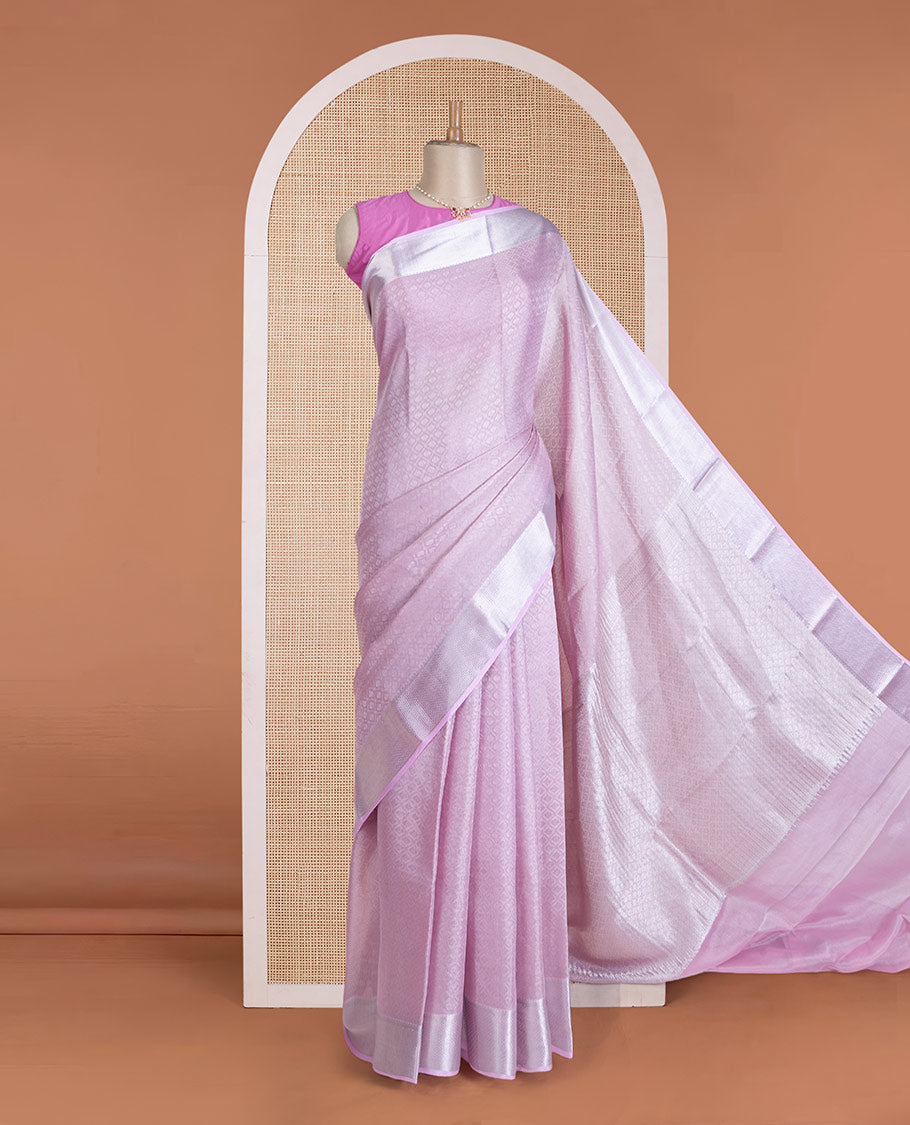 Pale lavender jacquard Mysore silk saree, traditional zari border, and jaal pallu