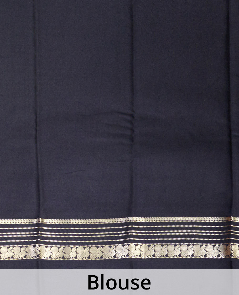 Black paisley buttas Mysore silk saree, traditional zari design rettai pettu border, and pallu steeped with paisleys