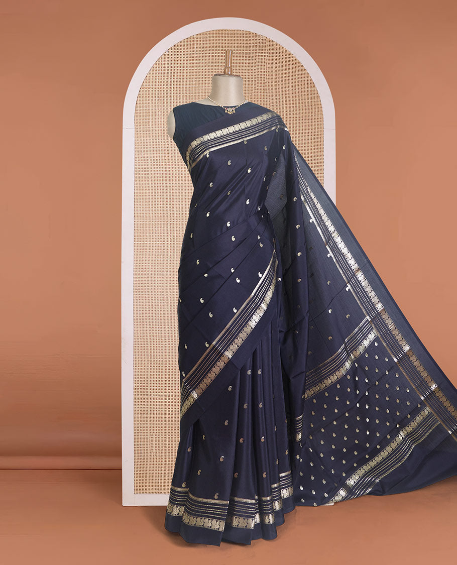 Black paisley buttas Mysore silk saree, traditional zari design rettai pettu border, and pallu steeped with paisleys