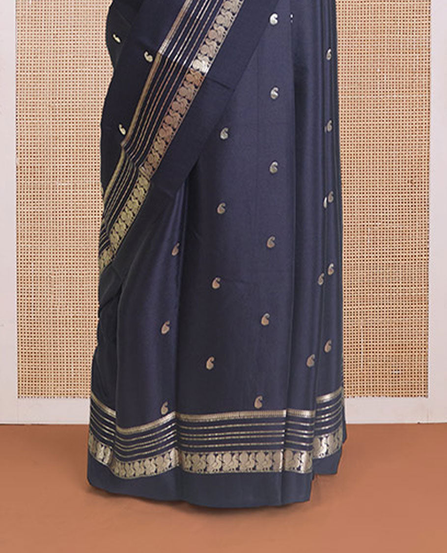 Black paisley buttas Mysore silk saree, traditional zari design rettai pettu border, and pallu steeped with paisleys