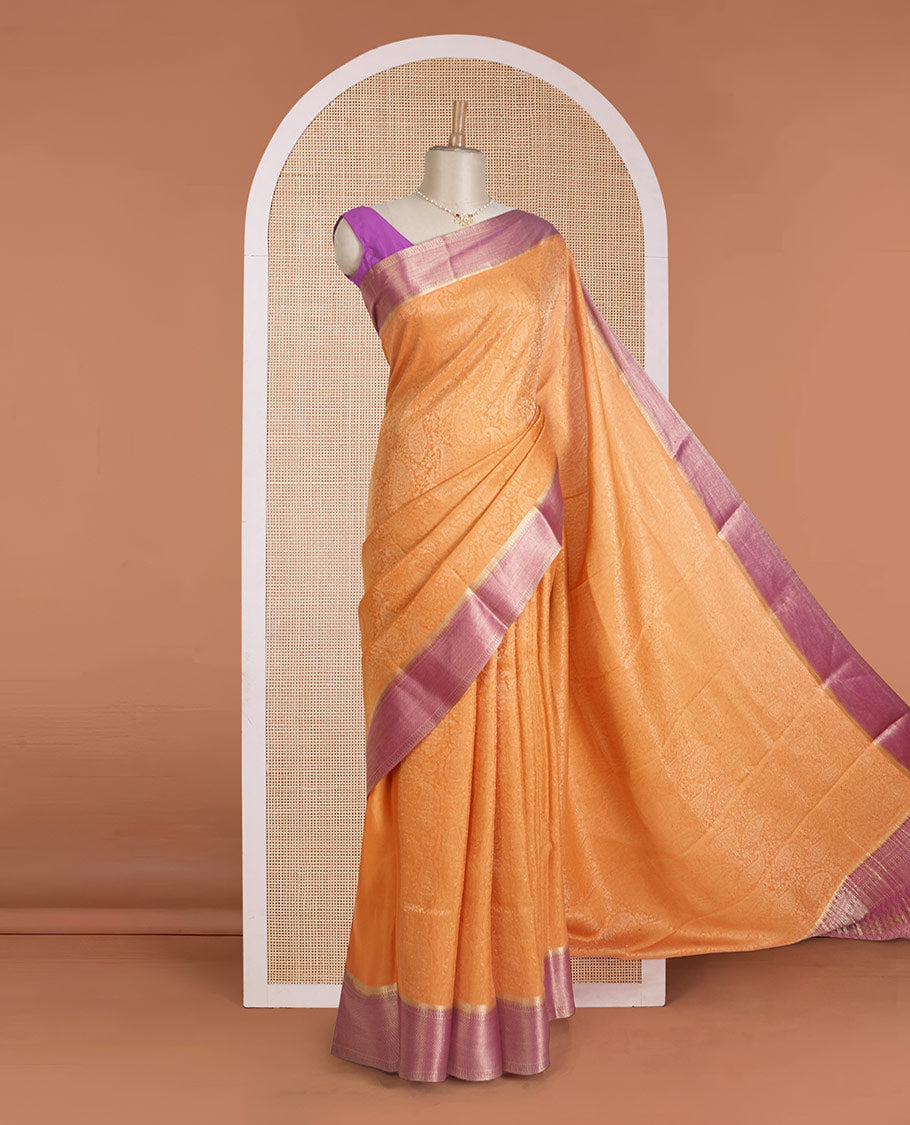 Orange jacquard Mysore silk saree, contrast traditional zari border, and chevron design pallu