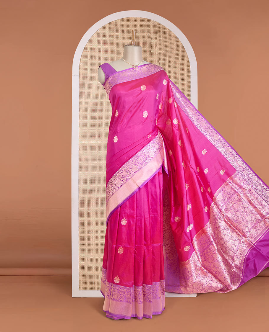 Hot pink floral bouquet buttas Banarasi kathan silk saree, contrast floral creeper zari border, and floral jaal pallu