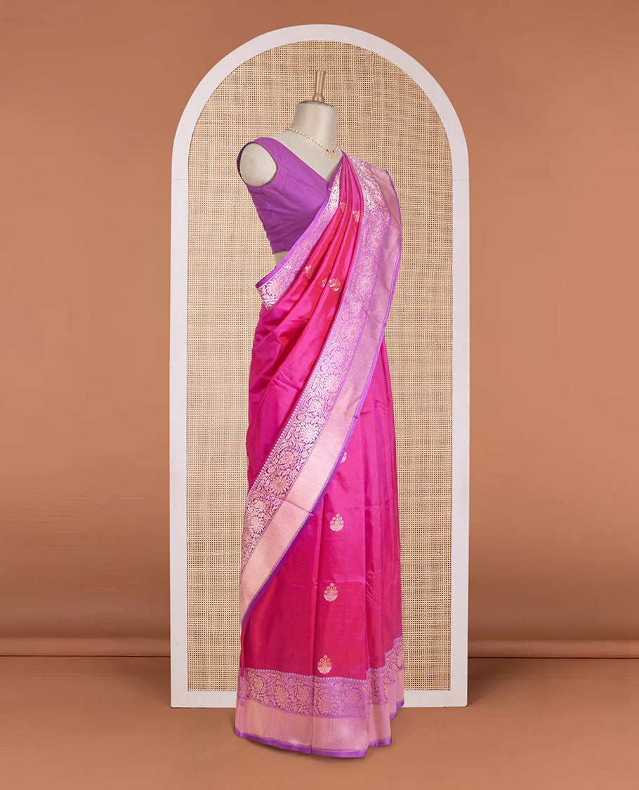 Hot pink floral bouquet buttas Banarasi kathan silk saree, contrast floral creeper zari border, and floral jaal pallu