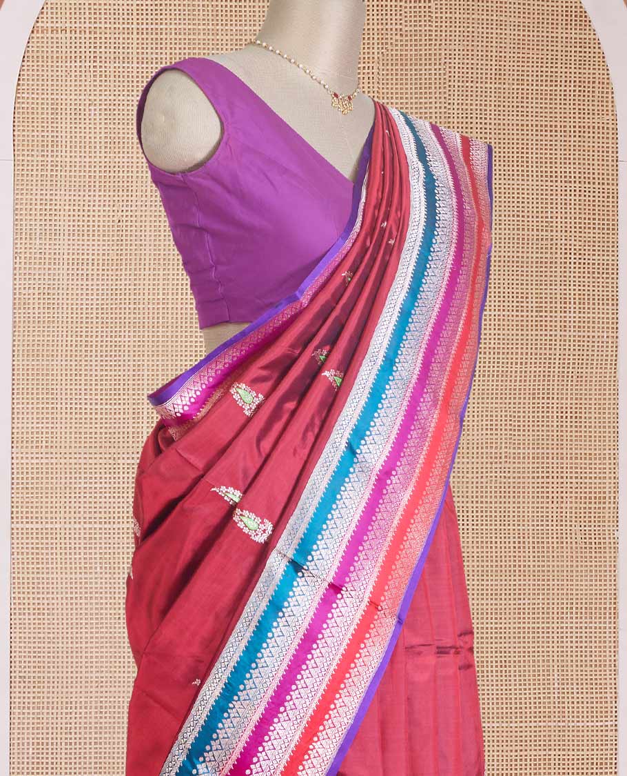 Maroon floral buttas Banarasi kathan silk saree, contrast traditional zari design meenakari border, and intricate pallu