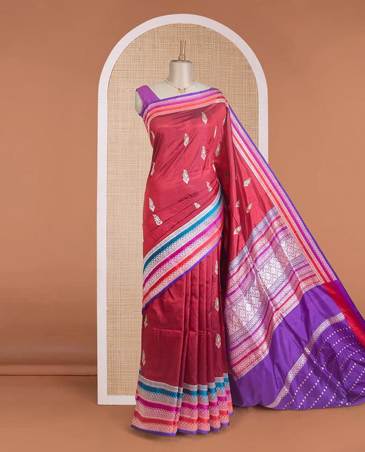 Maroon floral buttas Banarasi kathan silk saree, contrast traditional zari design meenakari border, and intricate pallu