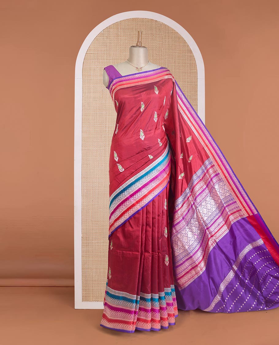Maroon floral buttas Banarasi kathan silk saree, contrast traditional zari design meenakari border, and intricate pallu