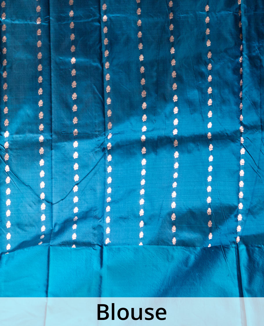 Grey zari buttas Banarasi kathan silk saree, contrast traditional zari floral creeper border, and intricate jaal pallu