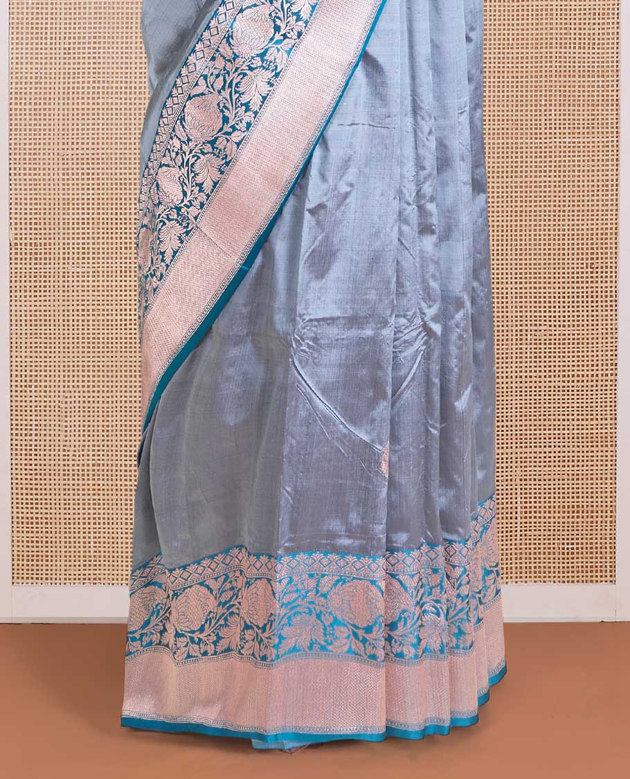 Grey zari buttas Banarasi kathan silk saree, contrast traditional zari floral creeper border, and intricate jaal pallu