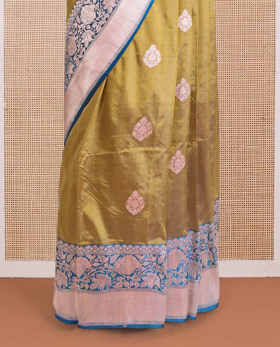 Gold zari buttas Banarasi kathan silk saree, contrast traditional zari floral creeper border, and pallu features dobby style buttas