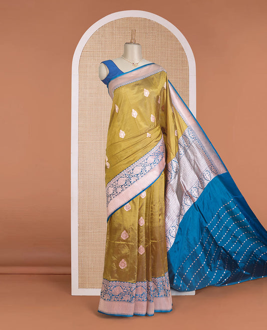 Gold zari buttas Banarasi kathan silk saree, contrast traditional zari floral creeper border, and pallu features dobby style buttas