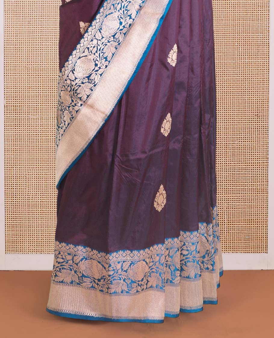 Maroon zari buttas Banarasi kathan silk saree, contrast traditional zari floral creeper border, and pallu features dobby style buttas