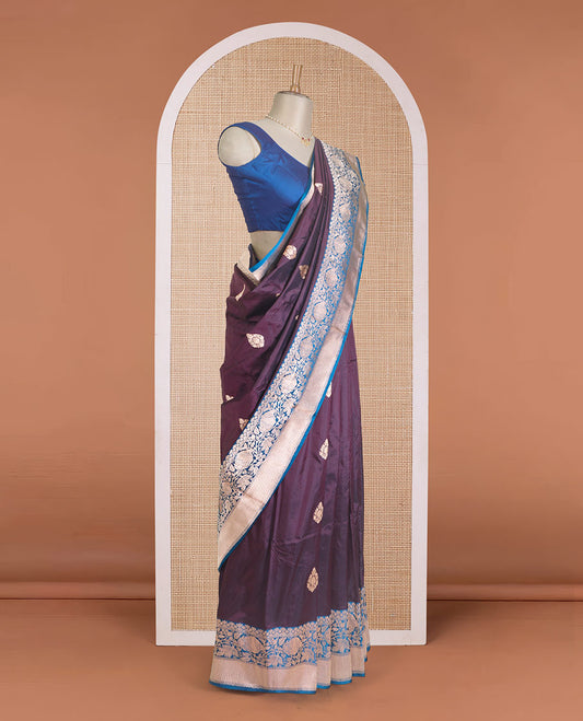 Maroon zari buttas Banarasi kathan silk saree, contrast traditional zari floral creeper border, and pallu features dobby style buttas