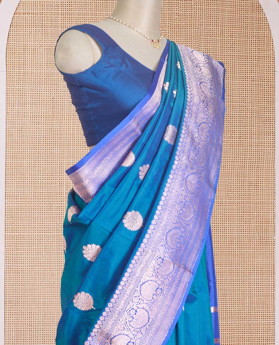 Ramar blue zari buttas Banarasi kathan silk saree, contrast traditional zari floral creeper border, and pallu features dobby style buttas
