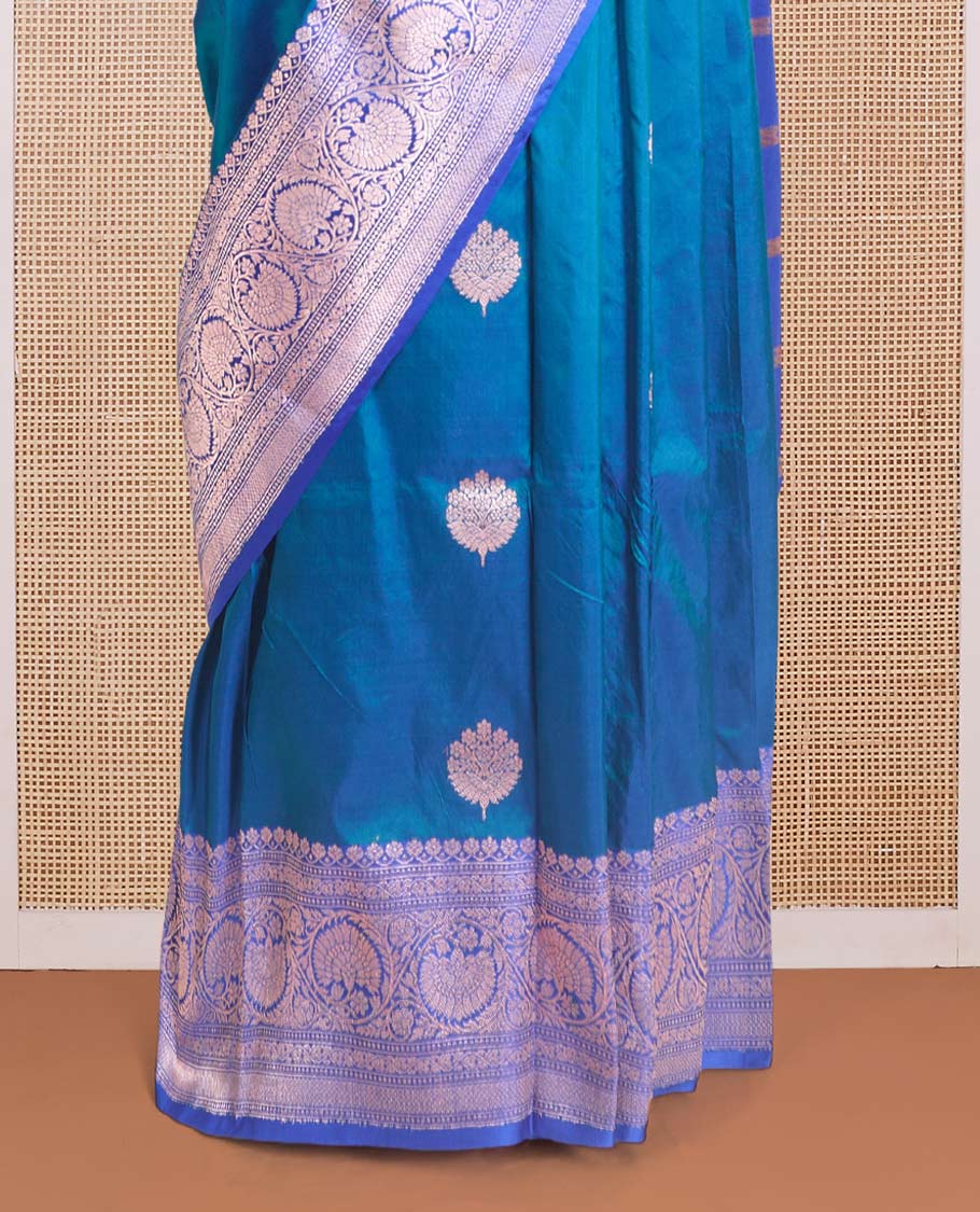 Ramar blue zari buttas Banarasi kathan silk saree, contrast traditional zari floral creeper border, and pallu features dobby style buttas