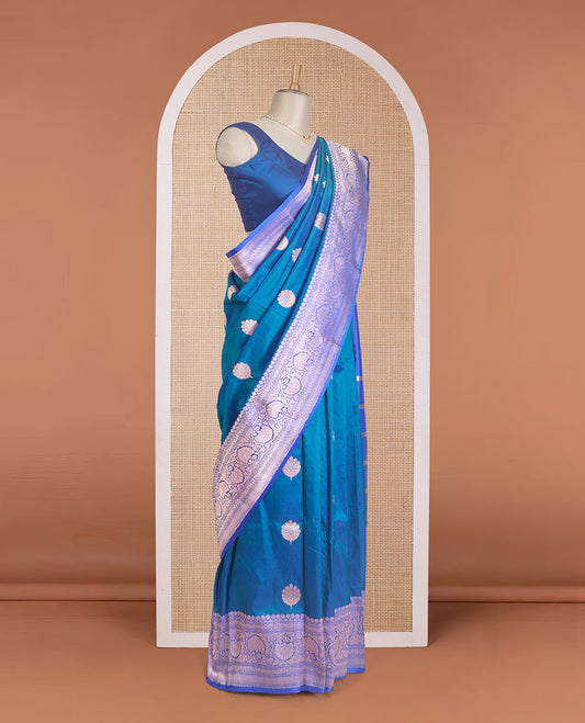 Ramar blue zari buttas Banarasi kathan silk saree, contrast traditional zari floral creeper border, and pallu features dobby style buttas