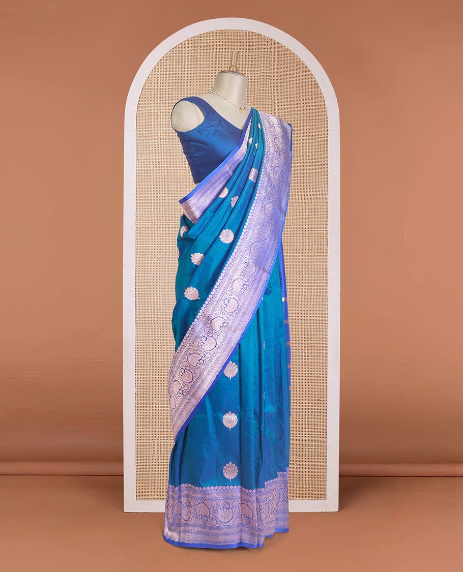Ramar blue zari buttas Banarasi kathan silk saree, contrast traditional zari floral creeper border, and pallu features dobby style buttas