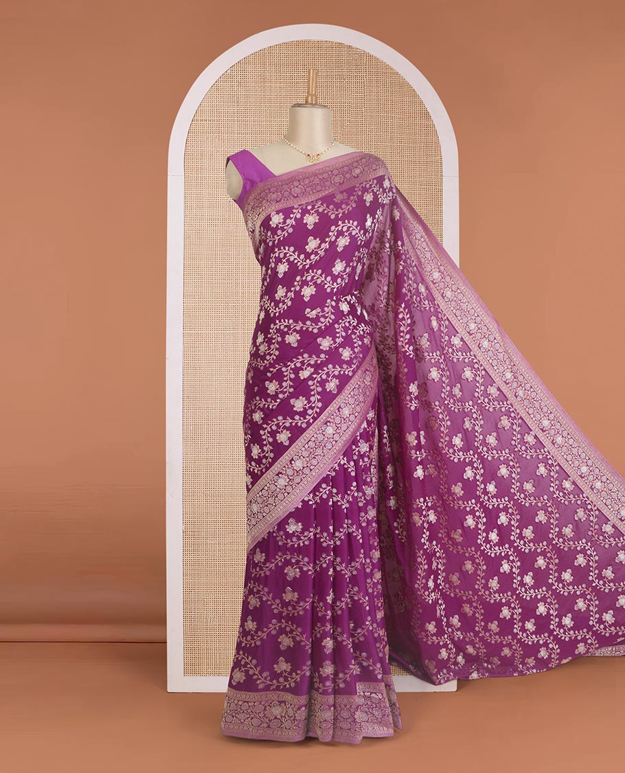Purple floral jaal jacquard fancy crepe saree, floral design zari border, and floral jaal pallu