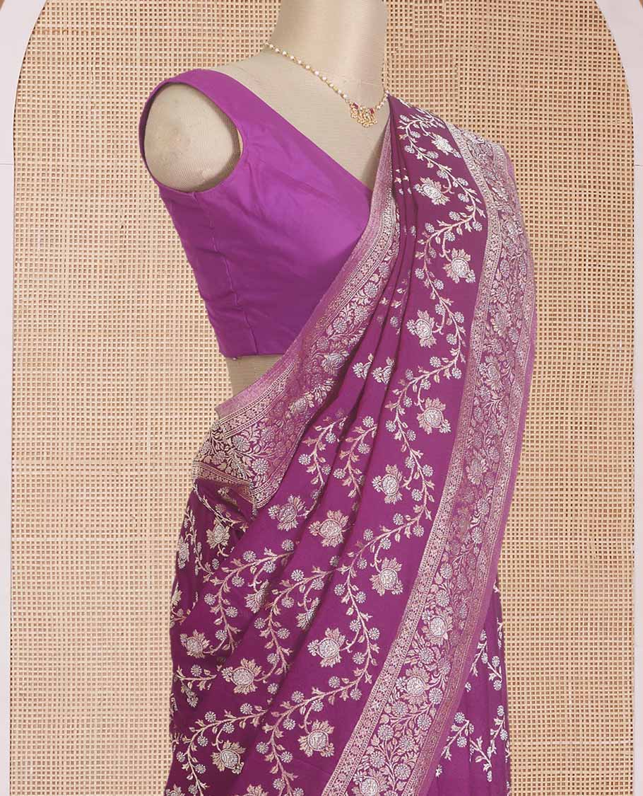 Purple floral jaal jacquard fancy crepe saree, floral design zari border, and floral jaal pallu