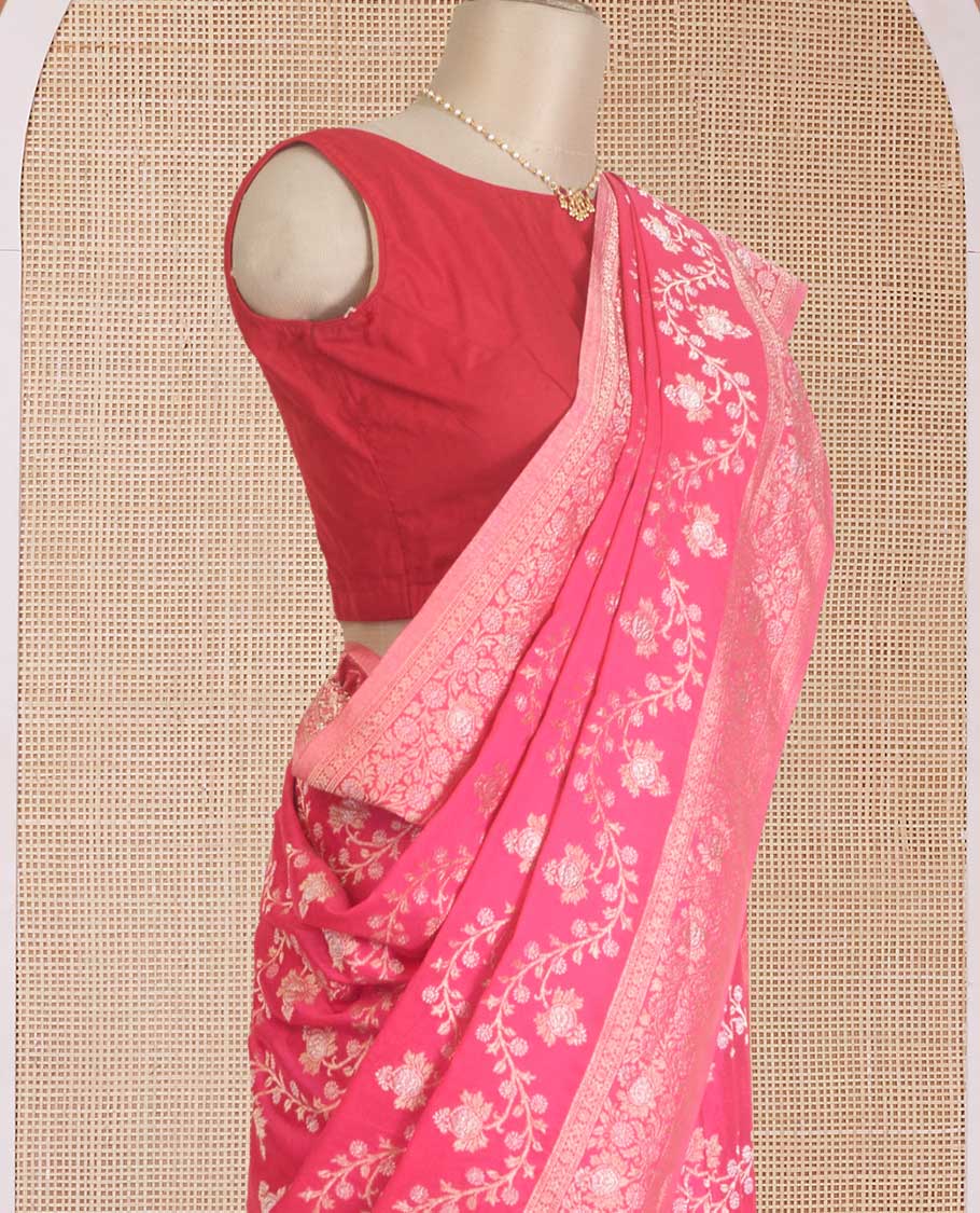Fushcia pink floral jaal jacquard fancy crepe saree, floral creeper zari border, and pallu of floral jaal design