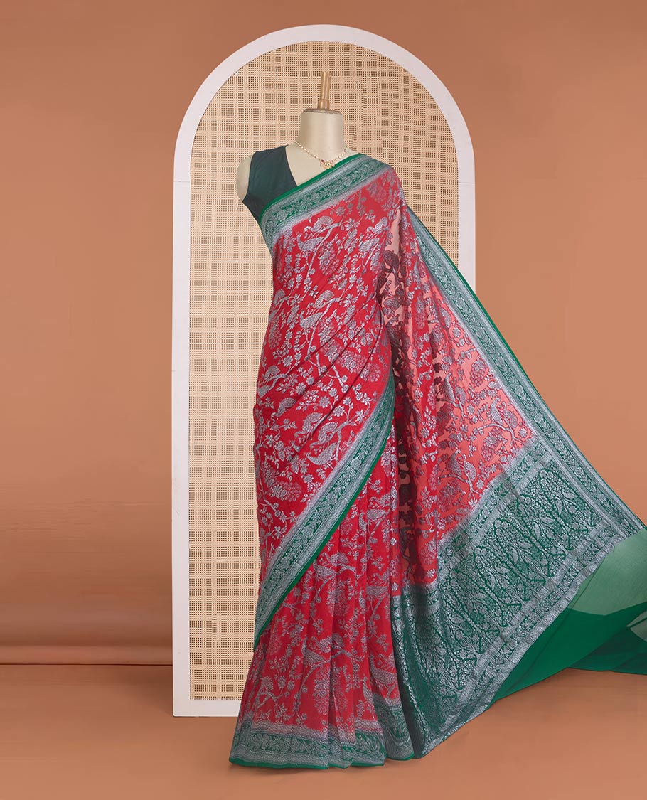 Red tree and peacock design banarasi georgette saree, contrast zari border, and pallu of Mughal style zari designs