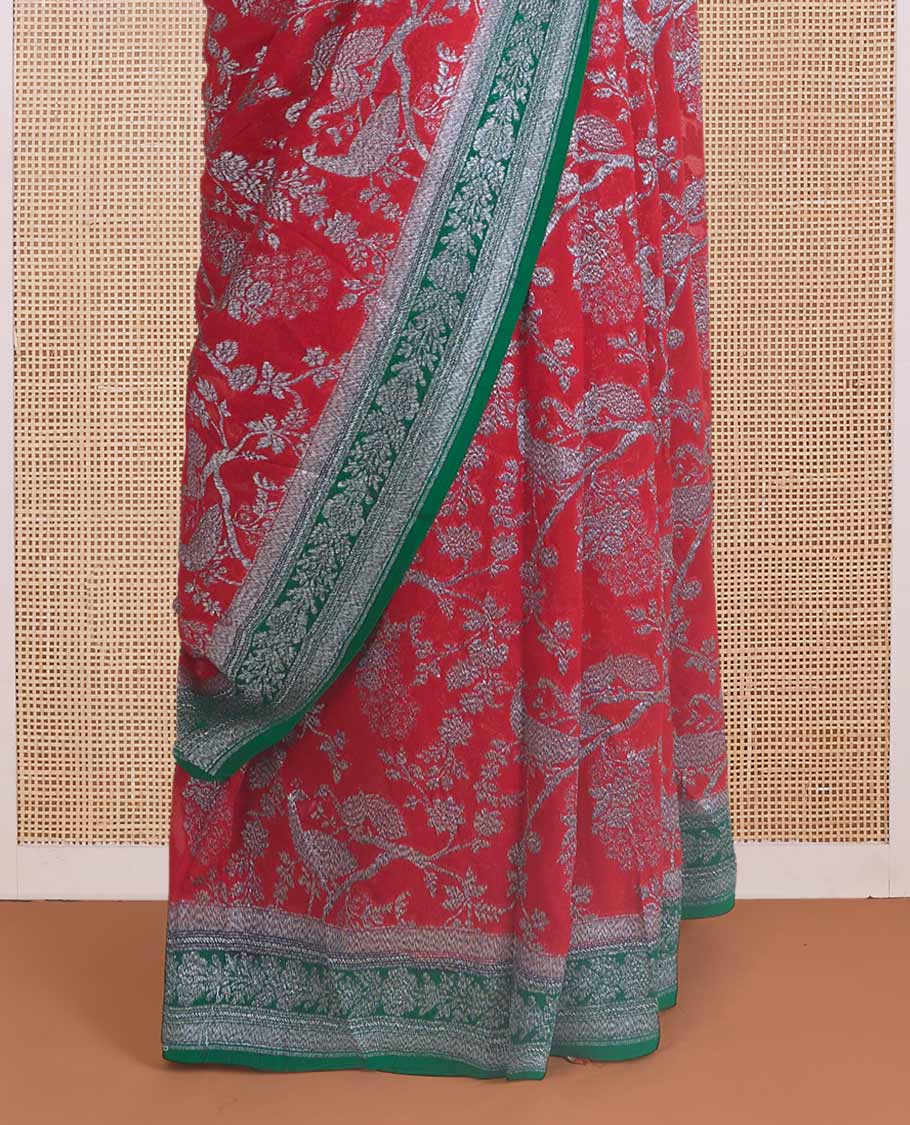 Red tree and peacock design banarasi georgette saree, contrast zari border, and pallu of Mughal style zari designs