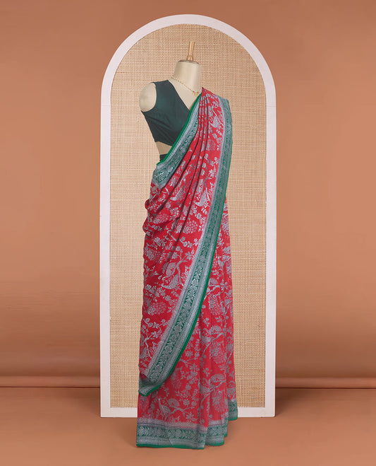 Red tree and peacock design banarasi georgette saree, contrast zari border, and pallu of Mughal style zari designs