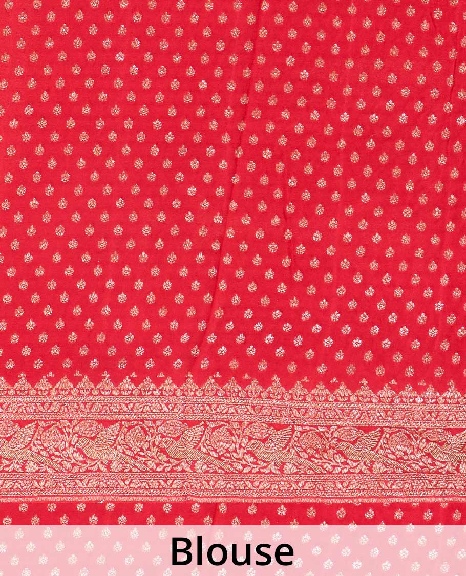 Blue floral and bird jaal jacquard banaras crepe saree, contrast floral and bird jaal zari border, and pallu of Mughal style motifs