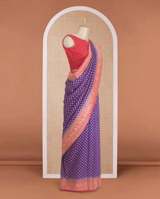 Violet zari buttas banarasi georgette saree, contrast traditional zari border, and pallu of intricate designs