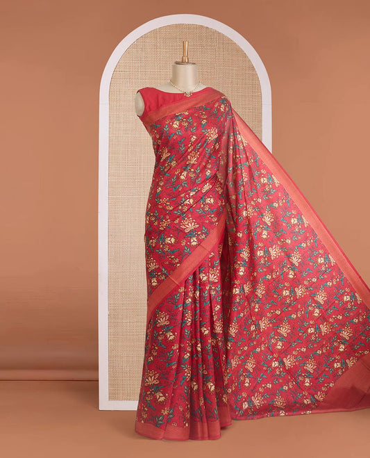 Red floral motifs printed silk saree, chevron striped border, and pallu of chevron stripes